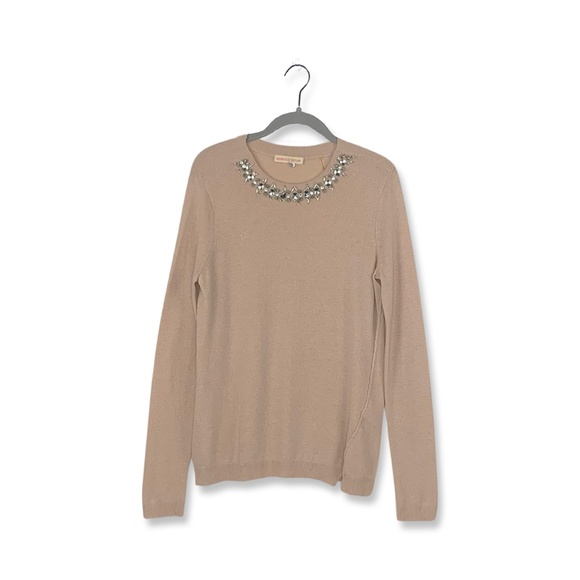 Rebecca Taylor Pink Beige Embellished Crew Neck Long Sleeve Sweater TINY FLAW - Picture 1 of 8